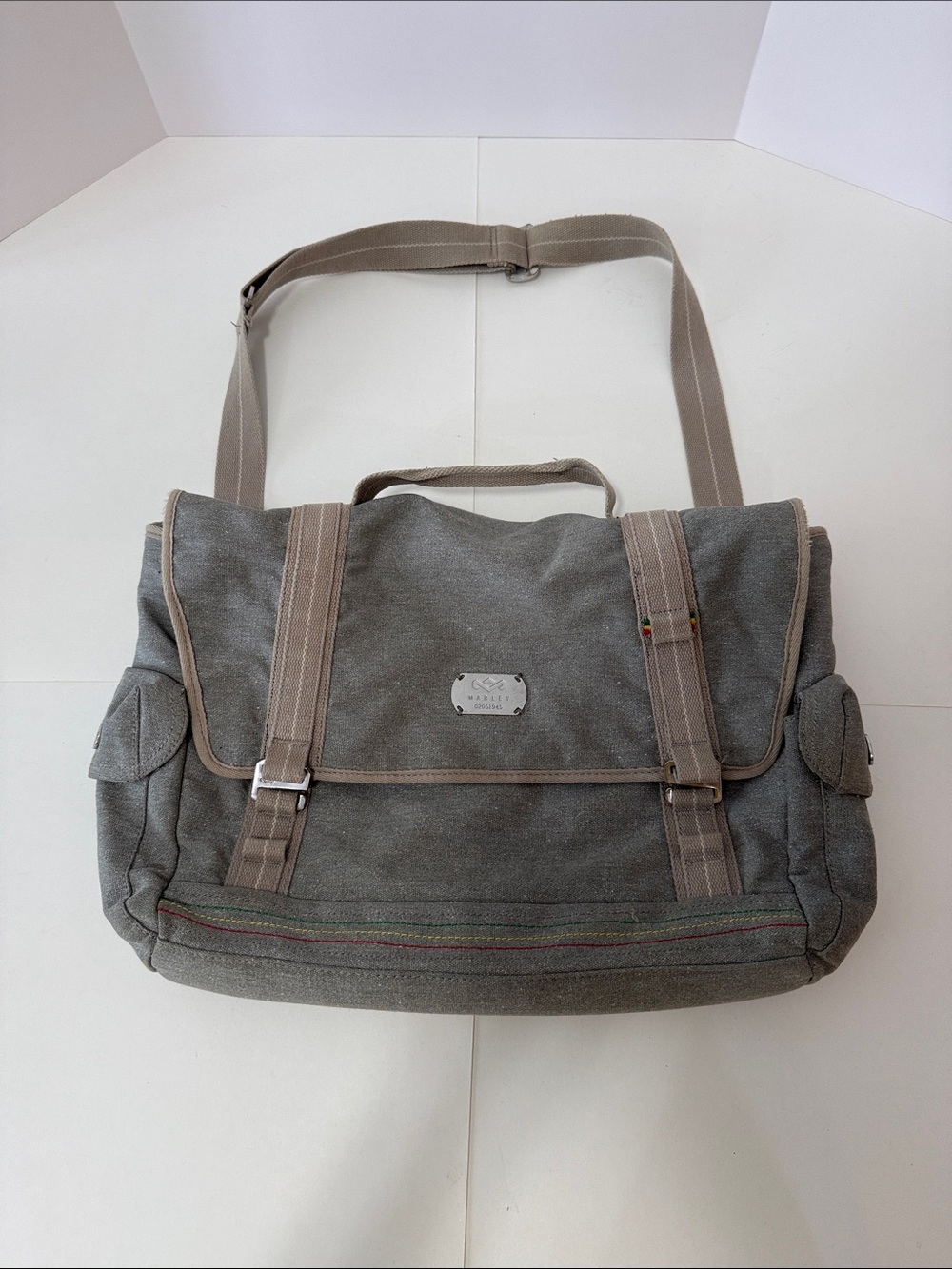Gray Canvas Messenger Bag with Beige Trim - Everyday Commuter Satchel